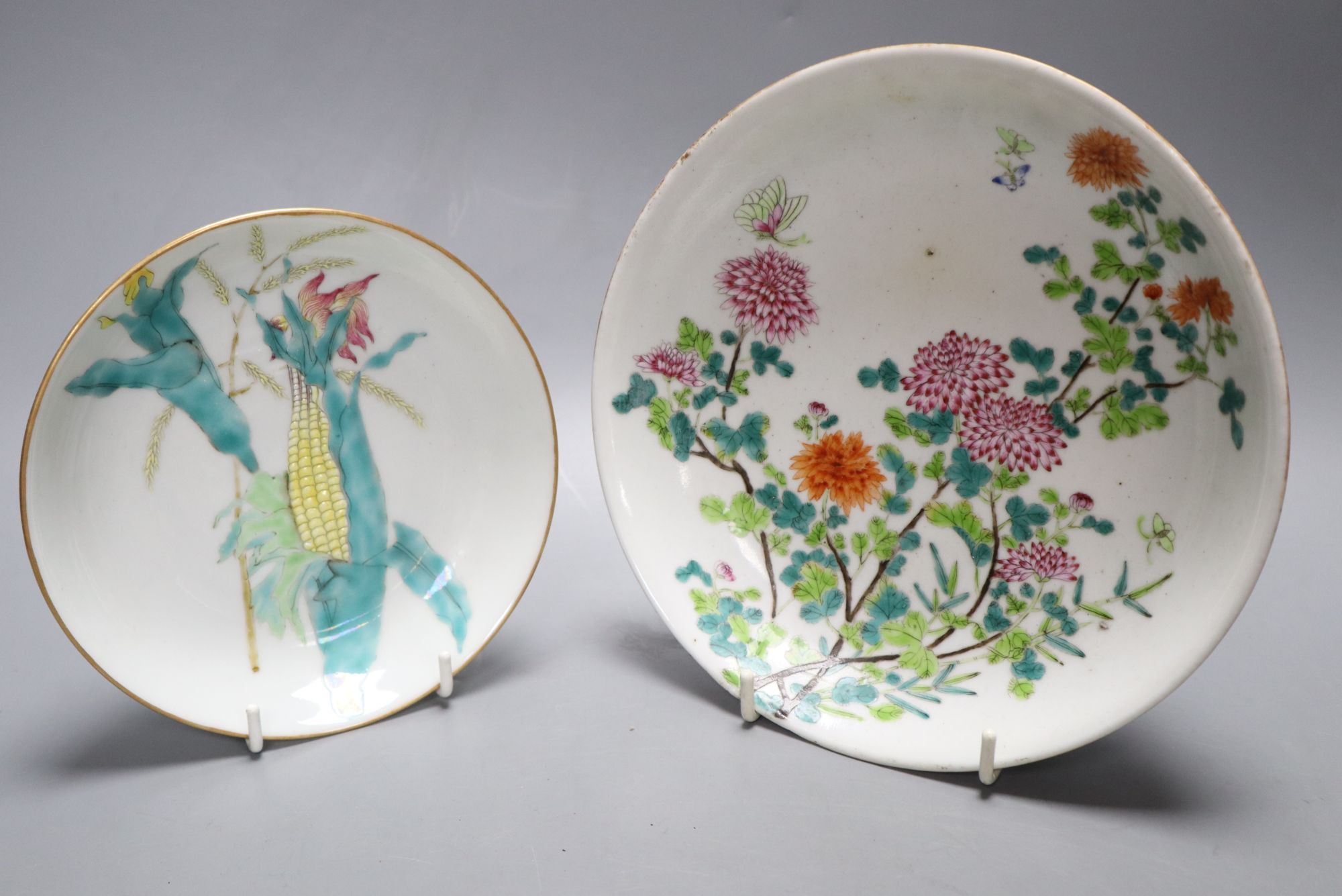 Two Chinese famille rose saucer, dishes and three yellow ground bat bowls, largest diameter 18.5cm